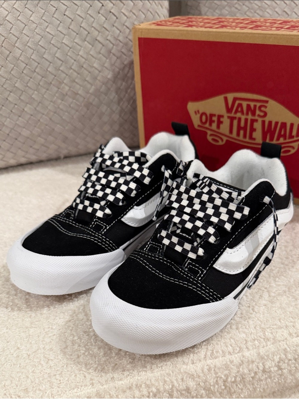 Vans Kids Knu Skool Sneakers with custom checkered shoelaces